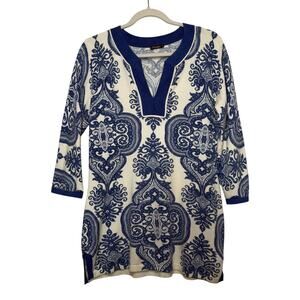J. McLaughlin Blue White Paisley Tunic Women’s Resort Wear Grandmother Chic Med